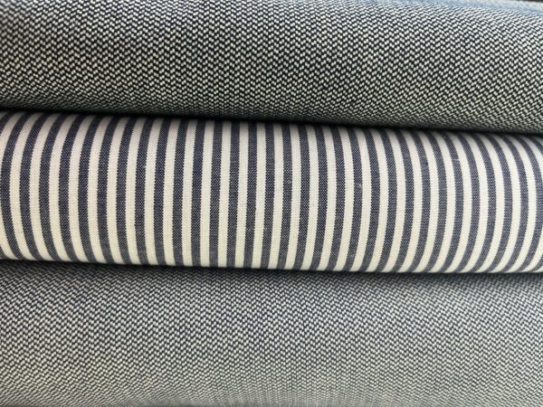 Popeline Bio blanche rayures bleu denim