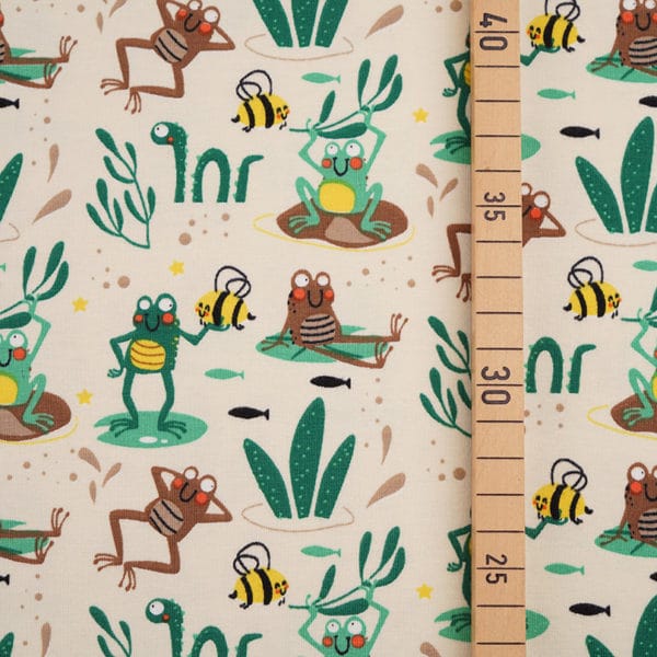 Jersey bio blanc cassé - vert motif grenouilles