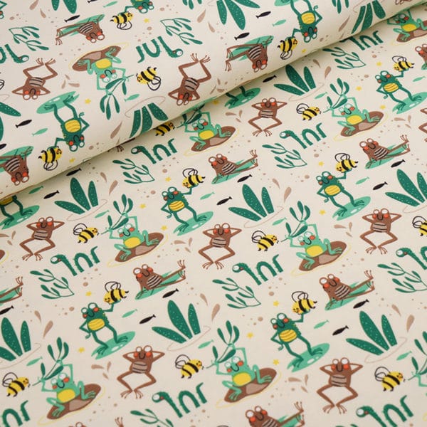 Jersey bio blanc cassé - vert motif grenouilles