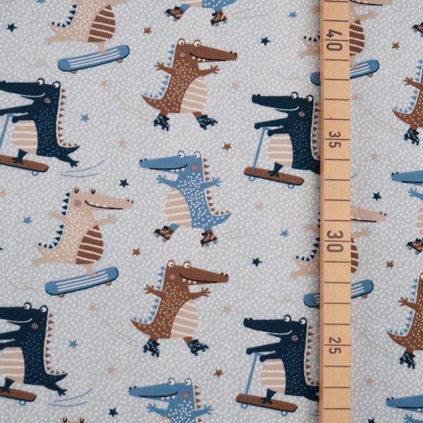 Jersey bio bleu - taupe motif crocodiles