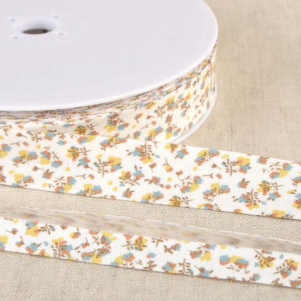 Biais de coton Bio Fleuri tons Blanc jaune beige