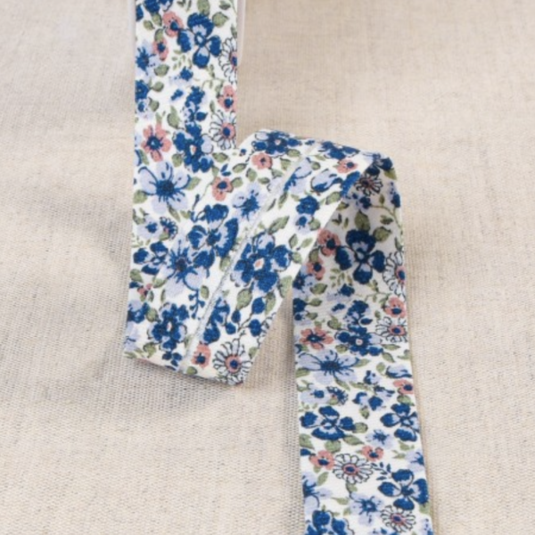 Biais de coton Bio Fleuri Tons bleu