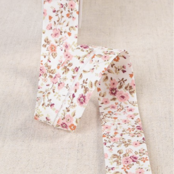 Biais de coton Bio Fleuri tons Blanc rose