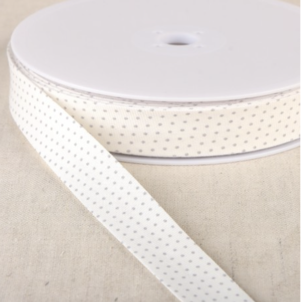 Biais de coton Bio Fleuri Fond blanc pois gris